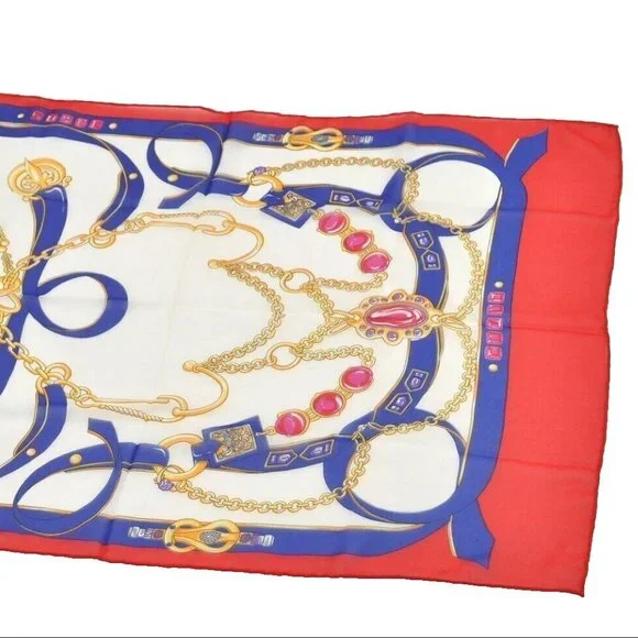 Authentic HERMES Scarf Fine Motif Silk Mousseline Red Rectangular 145 CM X 52 CM